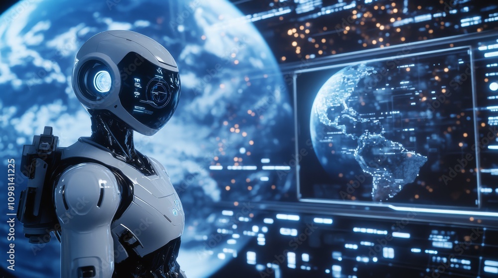 Poster a highly advanced ai robot stands before a holographic display of earth in a futuristic space statio