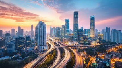 Fototapeta premium A Cityscape with Skyscrapers, Highways, and a Sunset Sky