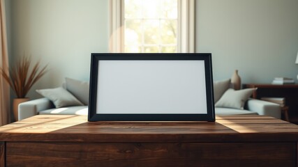 Fototapeta premium A black picture frame sits atop a wooden coffee table in a modern living room, with a white wall and a window providing a soft, natural light.