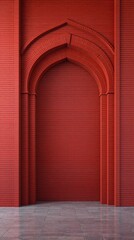 Wide angle shot of red brick wall with ornate archways, grand entrance, red brick architecture, ancient building facade