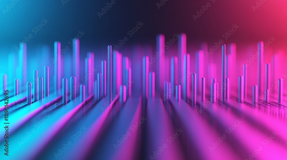 Poster glowing audio spikes in rhythmic gradient pattern 3d