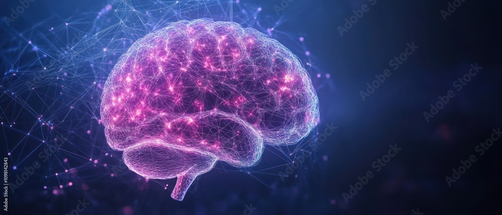 Poster a glowing, digital representation of a brain with interconnected nodes and networks.
