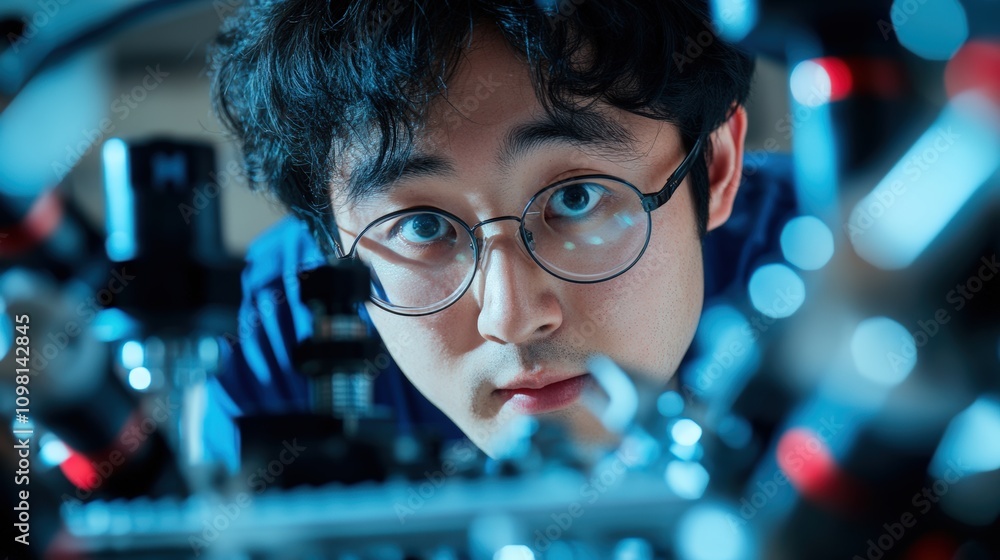 Poster focused student working with advanced technology in a laboratory setting during evening hours