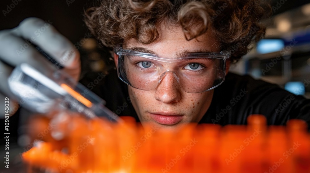 Poster young scientist conducting experiments in a lab with colorful test tubes during daytime