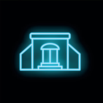 recommend clip art: Neon glowing sign of a bank building facade on a black background