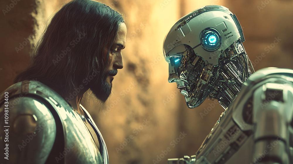 Poster jesus christ facing a futuristic android robot, symbolizing the contrast between religion and artifi