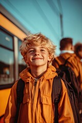 Naklejka premium Young boy smiles brightly while waiting for transport on a sunny day