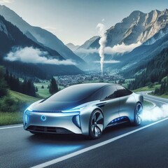 Naklejka premium Futuristic electric vehicle cruising through a picturesque valley surrounded by mountains at dawn