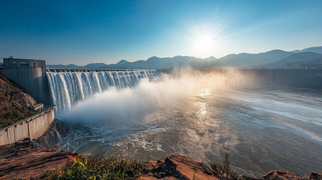 Three Gorges Dam Splendor, immense dam cascading water into stunning scenery, blue sky illuminated by sunlight, majestic mountains framed by vibrant river and lush landscape