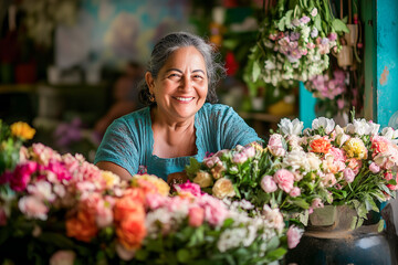 Fototapeta premium A cheerful florist surrounded by vibrant, colorful flowers in a bustling flower shop.