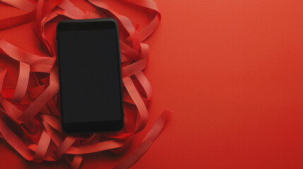 smartphone surrounded by red tape symbolizes restrictions and limitations in technology. vibrant red background enhances theme of confinement and control