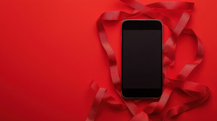 smartphone surrounded by red tape symbolizes restrictions and limitations in technology. vibrant red background enhances theme of confinement