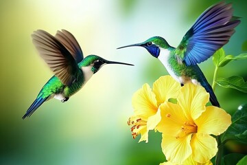 Obraz premium A green and blue hummingbird flying next to a beautiful yellow flower. 