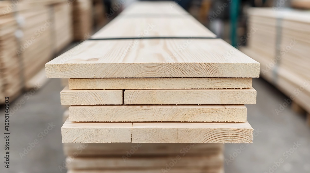 Aufkleber stacks of raw timber in a workshop with natural grain patterns and soft lighting