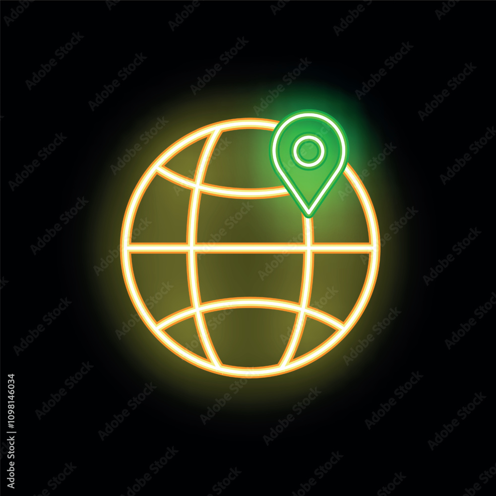 Poster neon green location pin is marking a location on a world globe with glowing neon lines on a black ba
