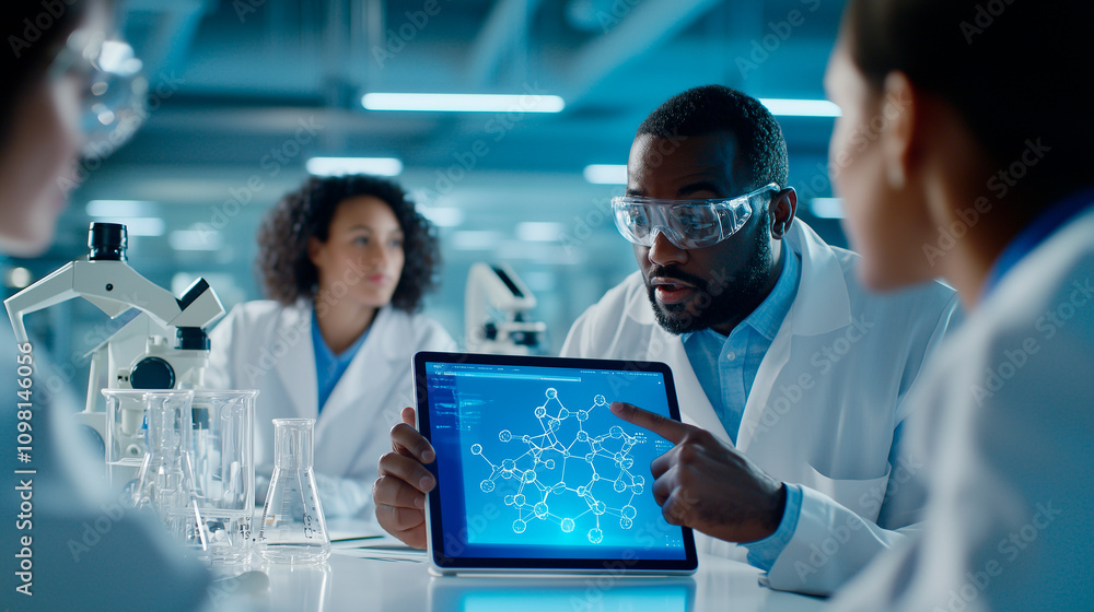 Poster diverse scientists collaborating in a modern laboratory environment