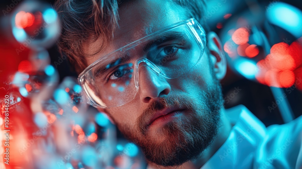 Poster young scientist conducting experiments with colorful liquids in a laboratory setting