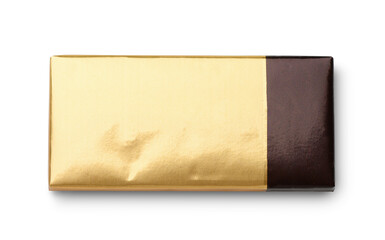 Top view of golden foil wrapped chocolate bar