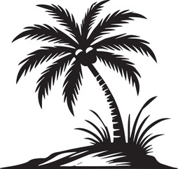 Obraz premium A palm tree on a tiny island surrounded by calm waters vector silhouette