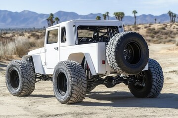 Off road beast with lifted suspension and massive tires conquering rugged terrain.