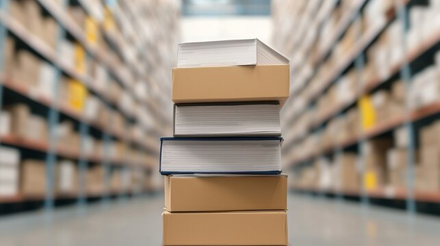 Paperless with digital documents concept. Books Stacked in a Modern Warehouse Environment