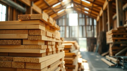Fototapeta premium Stack of wooden boards in a warehouse with a bright light coming from a window