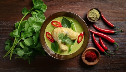 Delicious traditional Thai green curry chicken served in a bowl with fresh herbs and chili garnishes. Generative AI