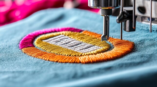 Printing t-shirt fashion concept. Embroidery Machine Stitching on Fabric Surface