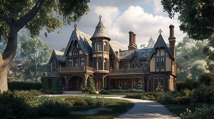 Obraz premium Majestic Victorian Mansion Nestled in Lush Garden Landscape
