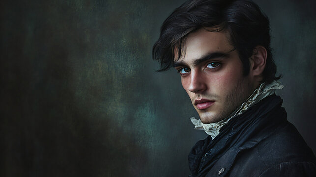 Portrait of a young man in regency era attire against a dark backdrop
