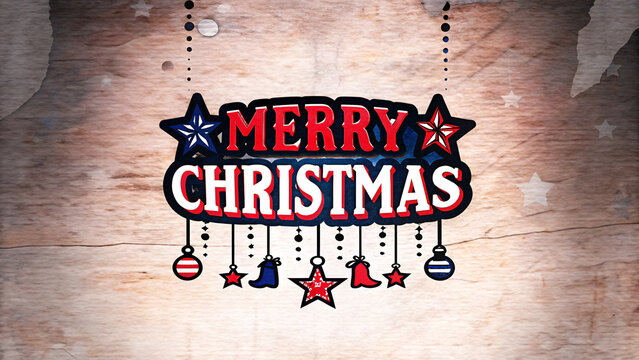 Bold and colorful 'Merry Christmas' typography surrounded by stars, bells, and ornaments, in a retro-inspired style, perfect for posters, social media graphics, and gift tags