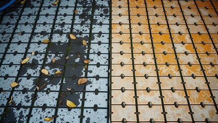 Obraz premium A weathered tiled floor, with one side covered in autumn leaves and the other side appearing worn