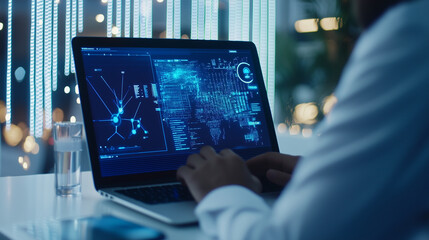 Professional with Holographic Interface in Modern Office