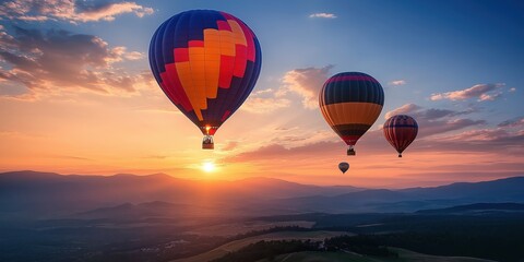 Obraz premium Colorful hot air balloons soar over a stunning desert landscape at sunset. created by ai