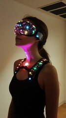 Fototapeta premium Woman wearing illuminated vr headset