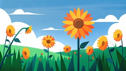 Fototapeta premium sunflower illustration with bright blue sky background