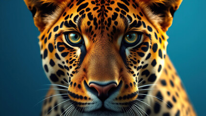 Fototapeta premium Close-up of leopard's face with golden fur and piercing eyes, big cat, african animal