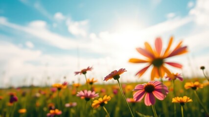 Fototapeta premium A Field of Daisies Bathed in Warm Sunlight, with One Flower Standing Out in the Foreground, Its Petals Bright Pink and Yellow, A Symbol of Spring's Renewal and the Beauty of Nature