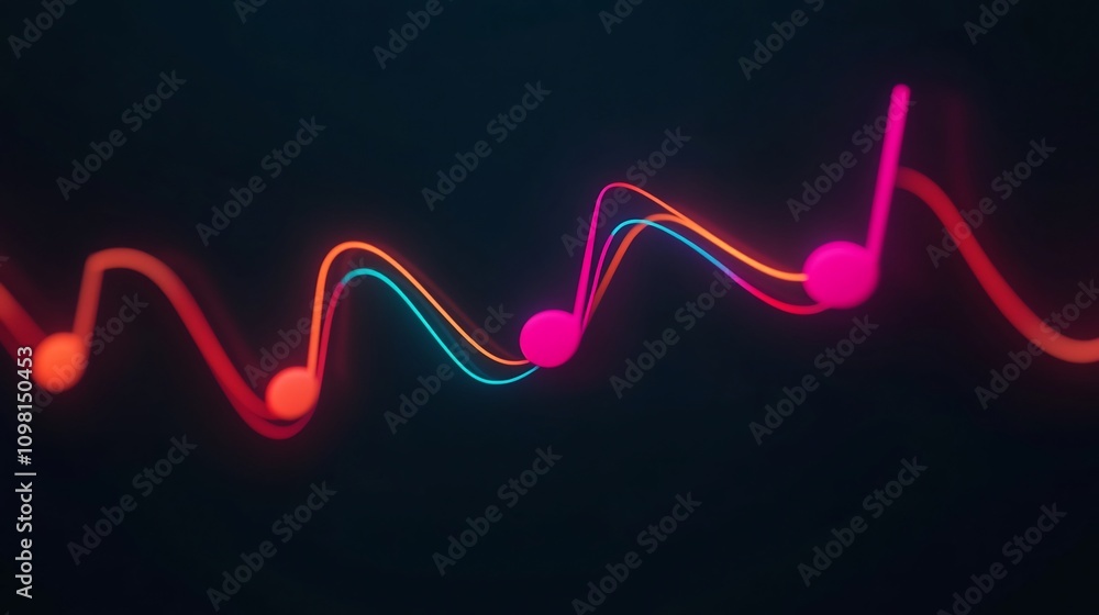 Poster glowing audio waveform wrapping around rhythm note in dynamic 3d