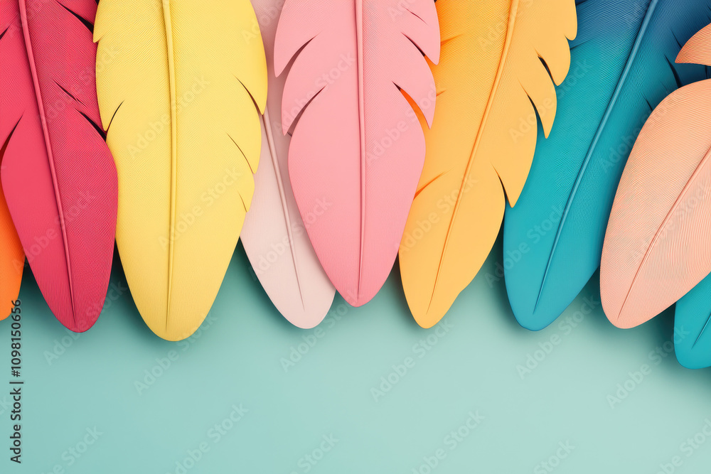 Poster colorful feathers display, a vivid array of bright feathers blending in soft textures, creating an e
