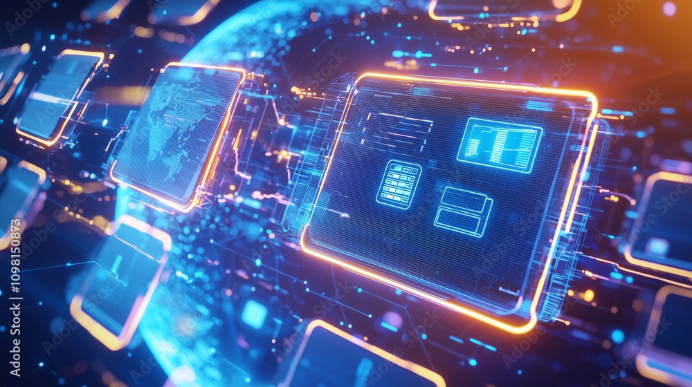 Poster digital file folders in 3d virtual environment for cloud storage