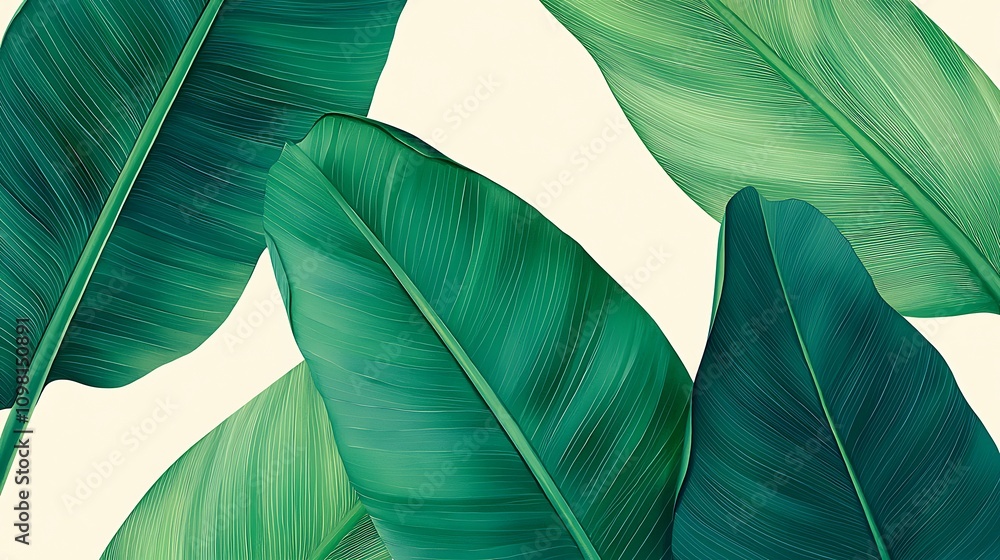 Aufkleber close-up view of large banana leaves in vibrant green with intricate texture against a soft backgrou