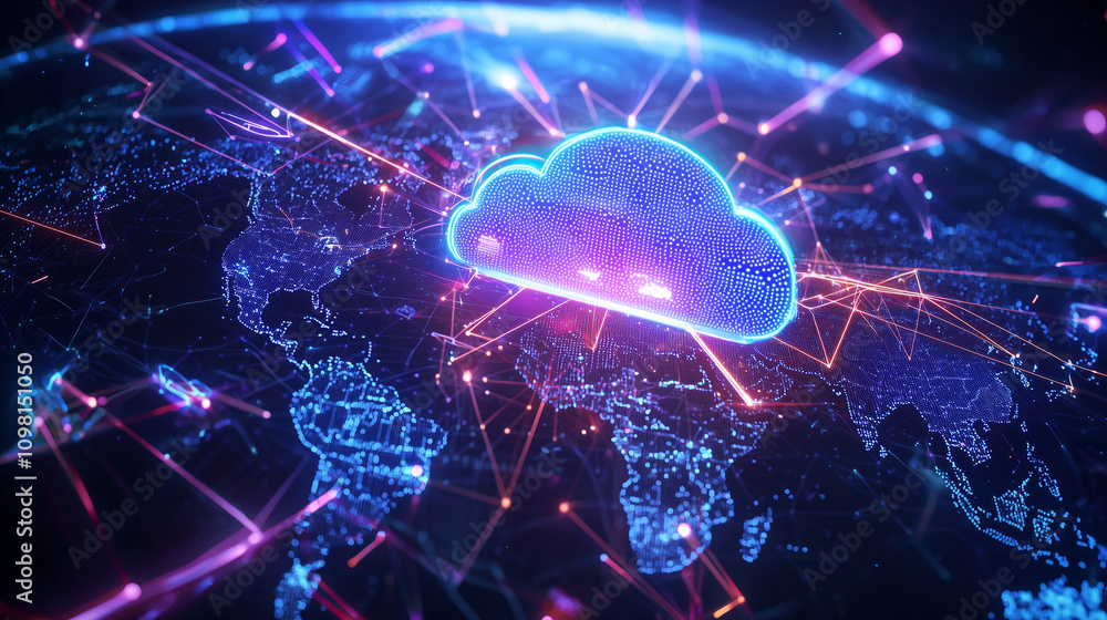 Poster futuristic cloud architecture with global data connections