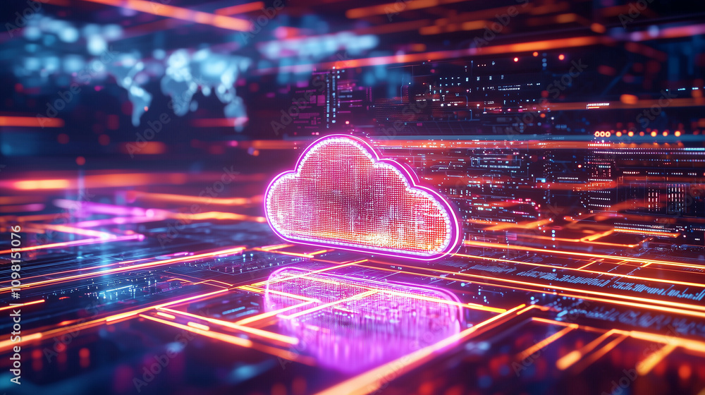 Poster futuristic cloud architecture and global network visualization