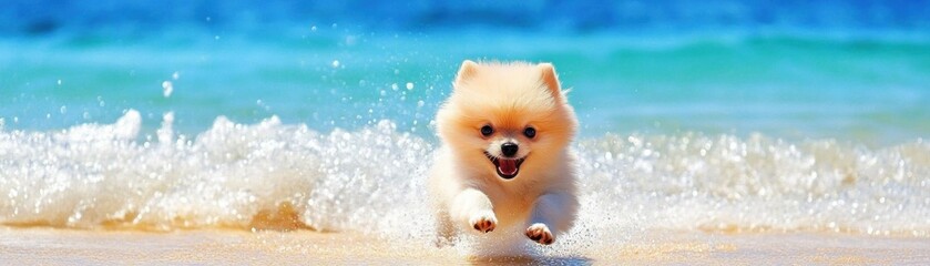 Obraz premium Joyful Pomeranian Puppy sprints playfully through ocean waves on a sunny beach, a picture of pure canine bliss and summer fun! The adorable fluffball's happiness is infectious!