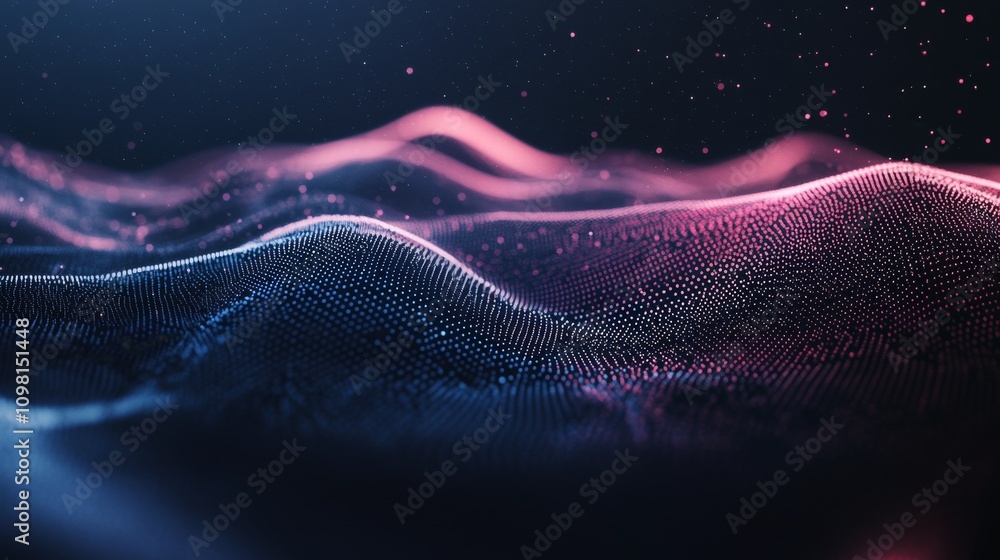 Poster an abstract scene of flowing digital particles forming soft waves under a dark background, with subt
