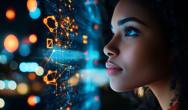 A woman is looking at a computer screen with a lot of colorful shapes and lines. Concept of curiosity and wonder as the woman stares at the screen - Powered by Adobe