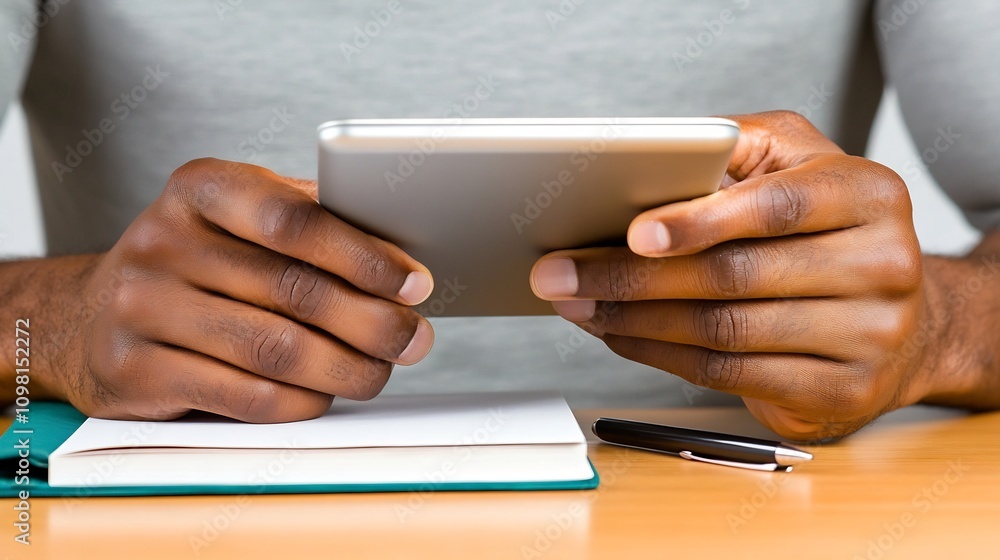 Poster hands using tablet for work with notebook and pen nearby on desk