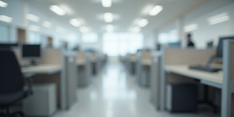 Fototapeta premium Blurred image of a bright and airy open-plan office with minimalist furniture, natural light, and indoor plants, symbolizing a professional and refreshing workspace.