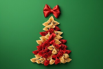 A Creative and Colorful Pasta Christmas Tree Decoration Beautifully Adorned with a Bright Red Bow